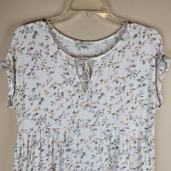 American Eagle Outfitters Floral Tiered Viscose Blouse Short Sleeve White XS - Picture 5 of 12
